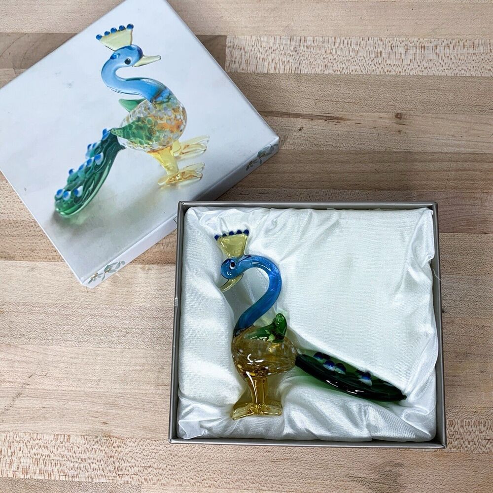 Pier 1 Imports Glass Peacock Figurine Collectible 3" with Box Colorful Bird